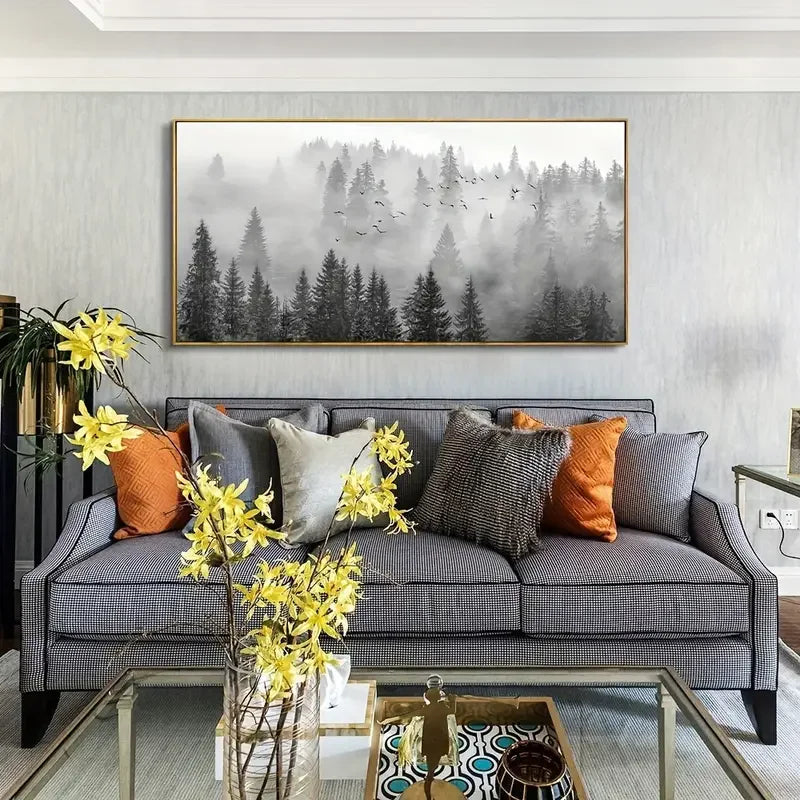 Majestic Foggy Forest Canvas Wall Art - Beautifully Framed & Ready to Hang - Monochromatic Elegance for Bedroom, Living Room