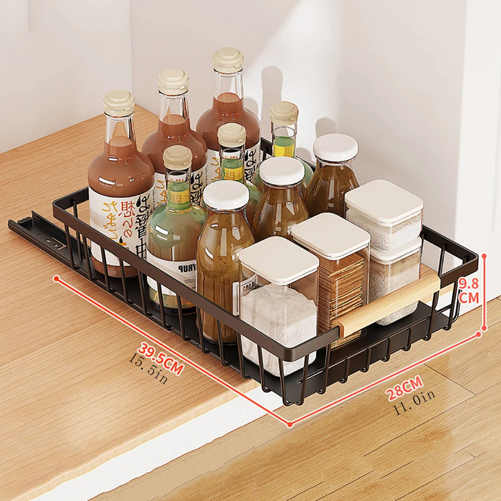 2pcs Kitchen Storage Rack, No Drill Pull Out Cabinet Organizer, Slide Drawer, Seasoning Bottle Spice Storage Basket for Kitchen