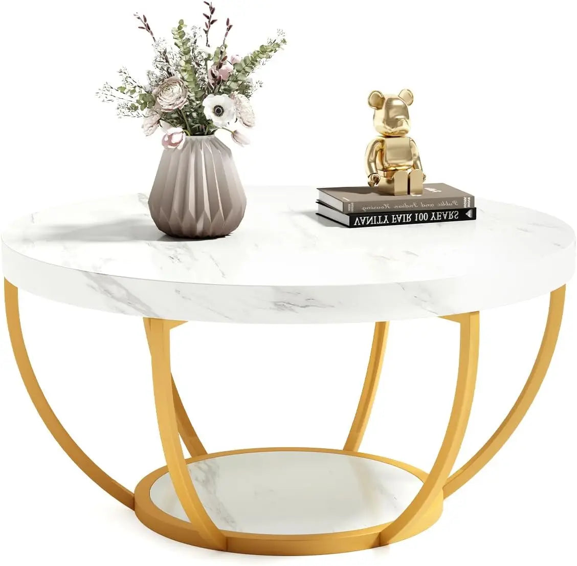 32" Circle Coffee Tables, 2-Tier Golden Metal Legs, Accent Center Table with Open Storage, Modern Design Home Furniture