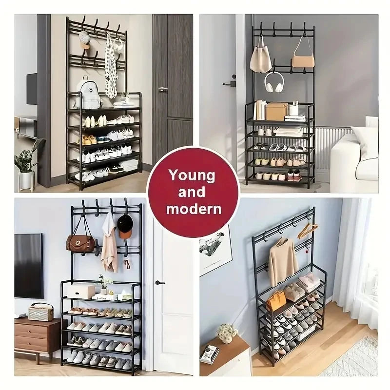 Entryway Coat Rack, Shoe Rack for Entryway, Coat Rack Freestanding with 4-Tier Storage Shelves and 8 Double Hooks, for Living Room