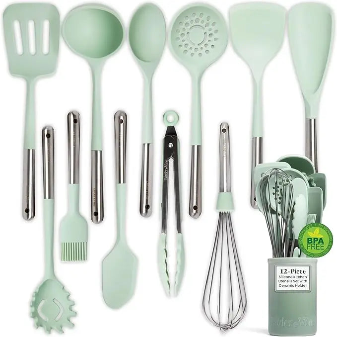 12 Piece Silicone Cooking Utensils Set, Silicone Utensils with Stainless Steel Handle and Ceramic Holder; Kitchen Utensils Set