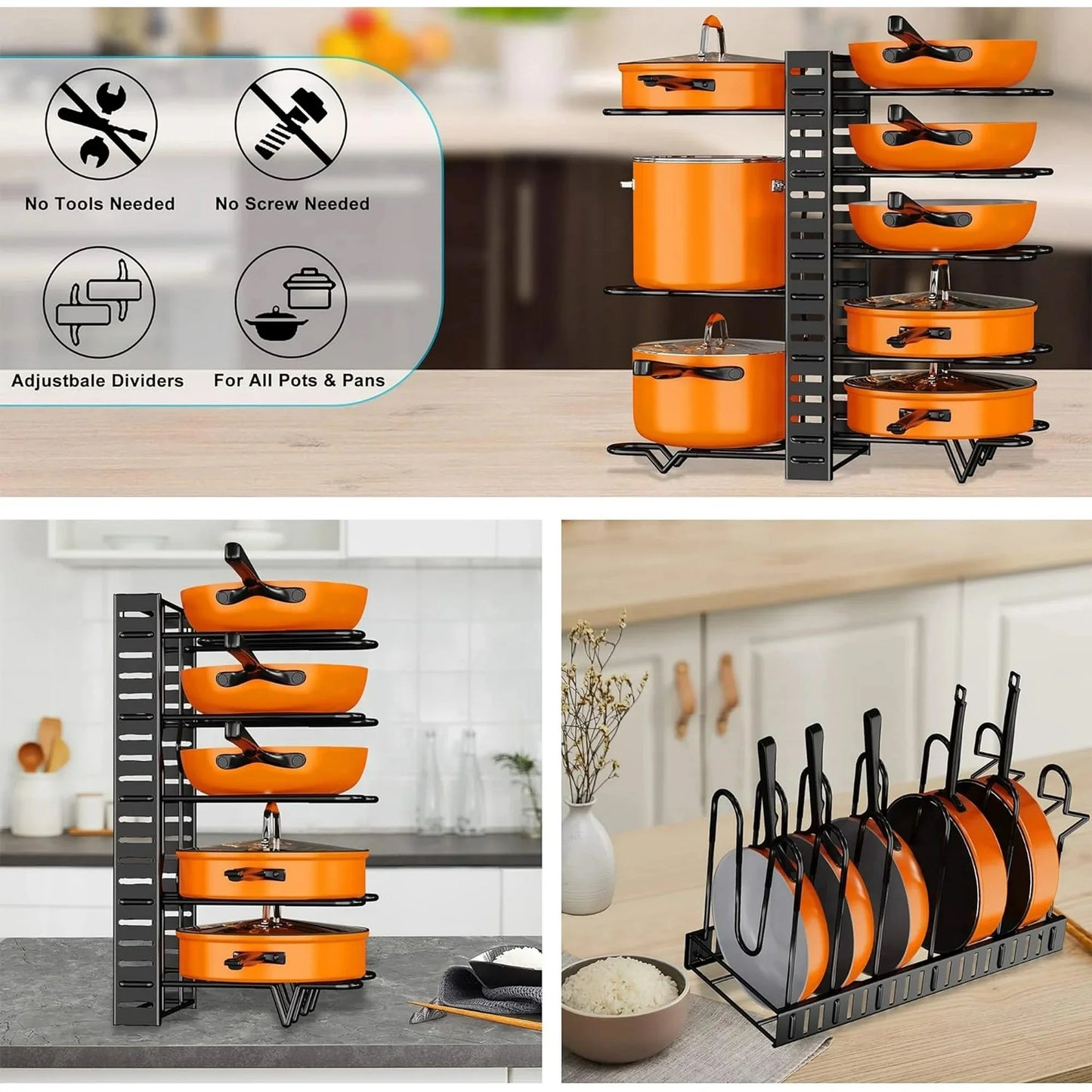 A pot storage rack with 8 layers for pots, bowls, and pans, suitable for kitchen cabinets, cookware storage, and lid storage