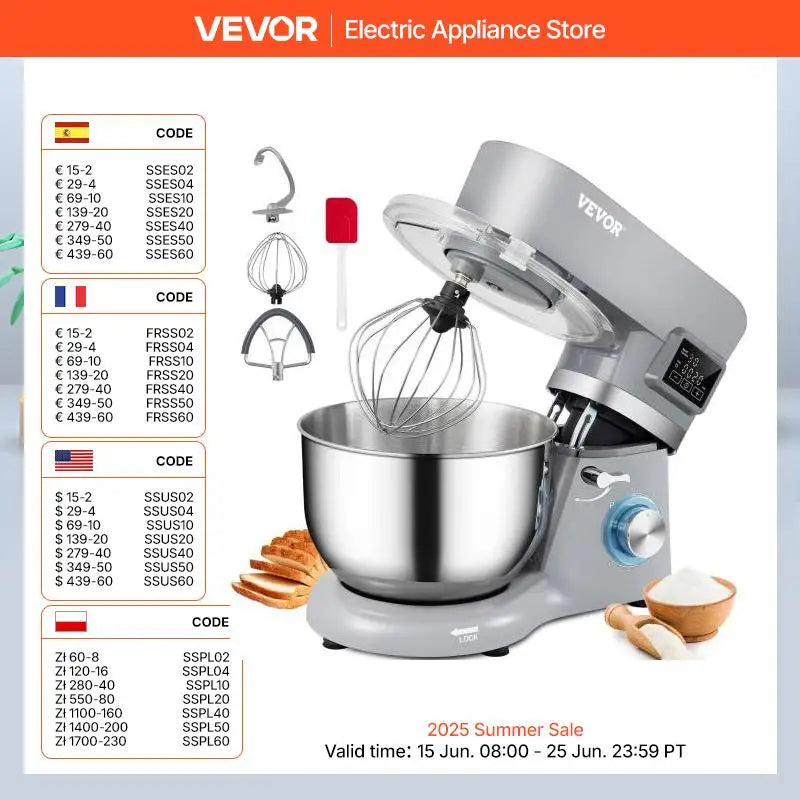 VEVOR 5.5/7L Electric Stand Mixer with 6 Speeds LCD Screen Timing Food Mixer Cream Egg Whisk Whip Dough Kneader With Steel Bowl