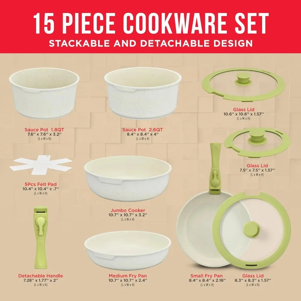 Non-Stick Cookware Set with Detachable Handles – Granite Stackable Pots and Pans Set, Compatible for All Stoves – Green/Cream