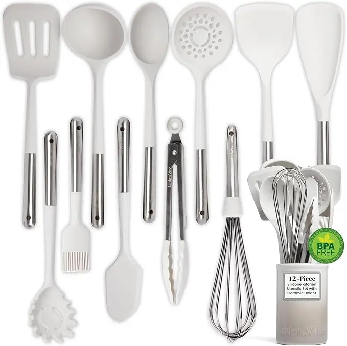 12 Piece Silicone Cooking Utensils Set, Silicone Utensils with Stainless Steel Handle and Ceramic Holder; Kitchen Utensils Set