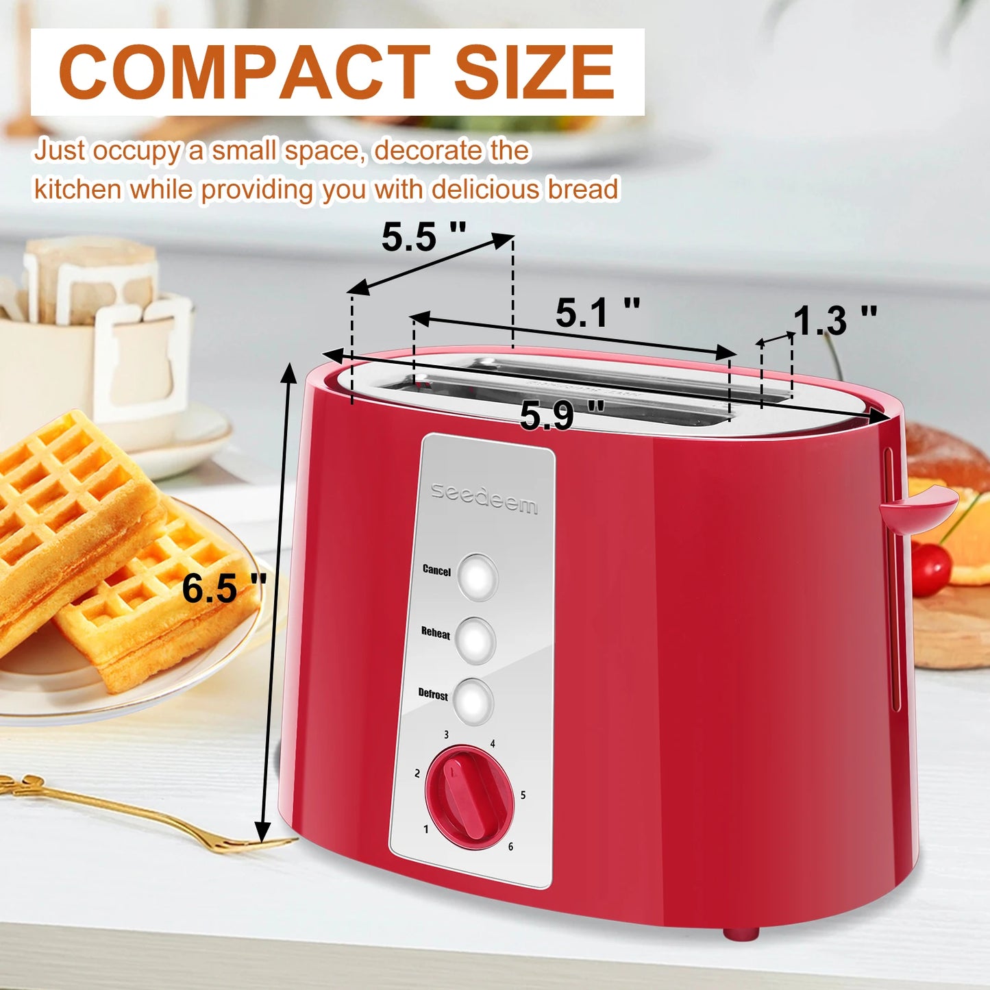 Toaster 2 Slice, 7 Shade Settings, 3 Basic Function, Extra Wide Slots for Waffle or Bagel, Removable Crumb Tray, 750W