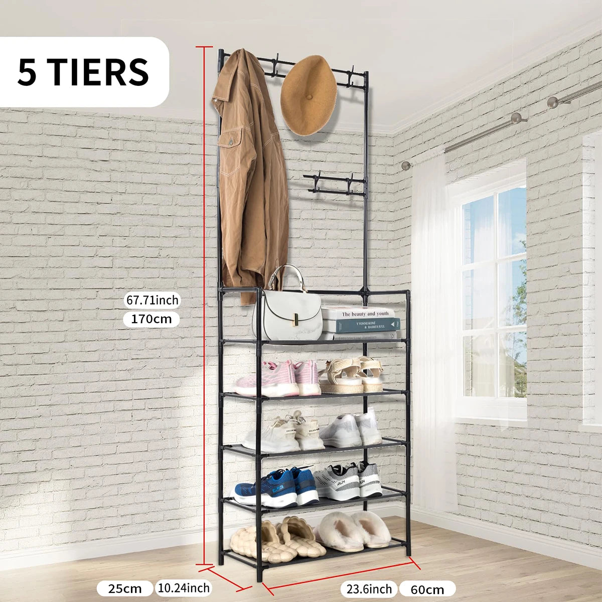 Entryway Coat Rack, Shoe Rack for Entryway, Coat Rack Freestanding with 4-Tier Storage Shelves and 8 Double Hooks, for Living Room