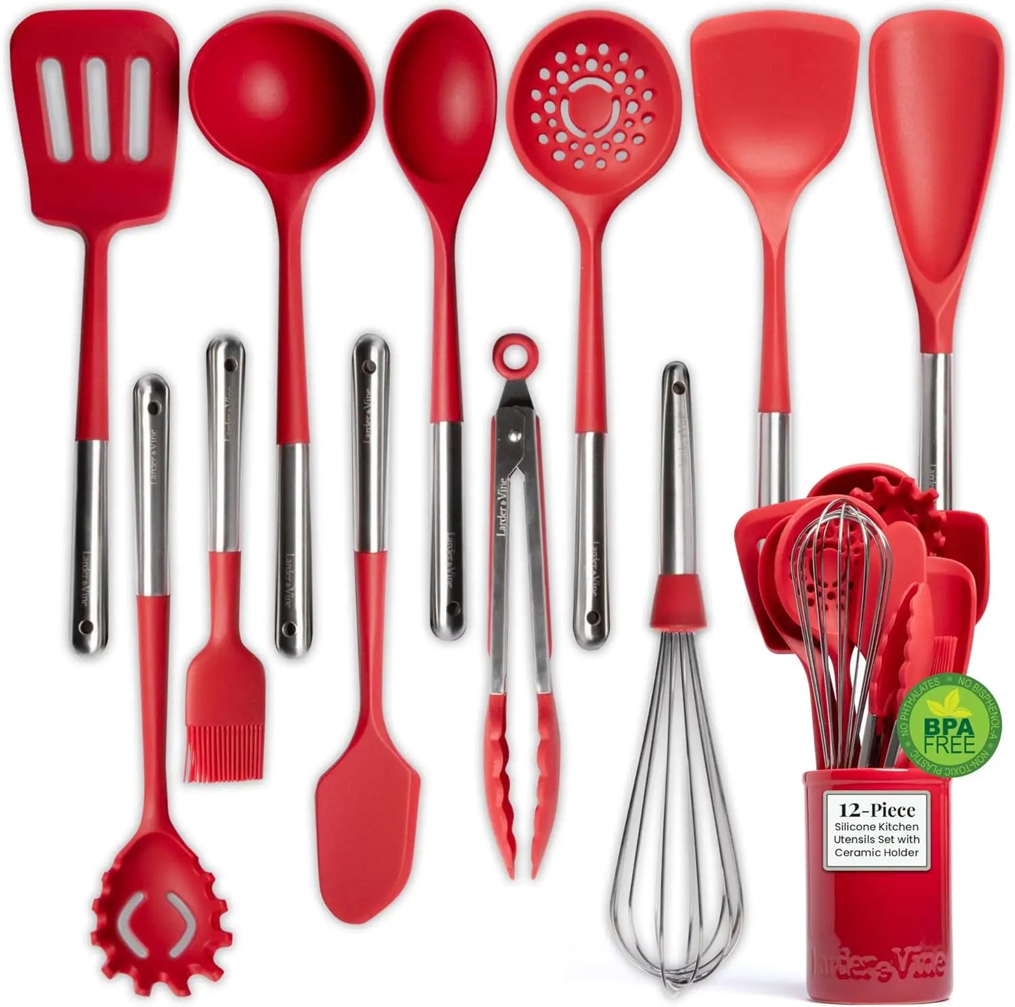 12 Piece Silicone Cooking Utensils Set, Silicone Utensils with Stainless Steel Handle and Ceramic Holder; Kitchen Utensils Set