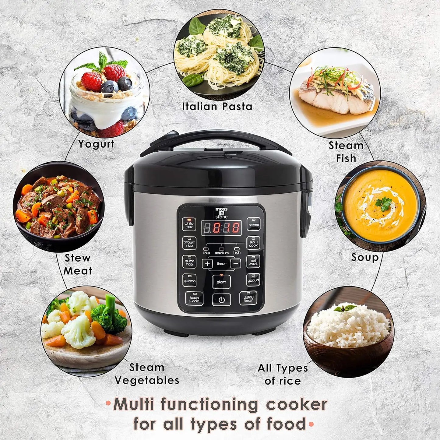 Small Digital Electric Rice Cooker, 4-8 Cups, 10 Preset Settings, Brown and White Rice Steamer, Slow Cooker with Steamer for Veg