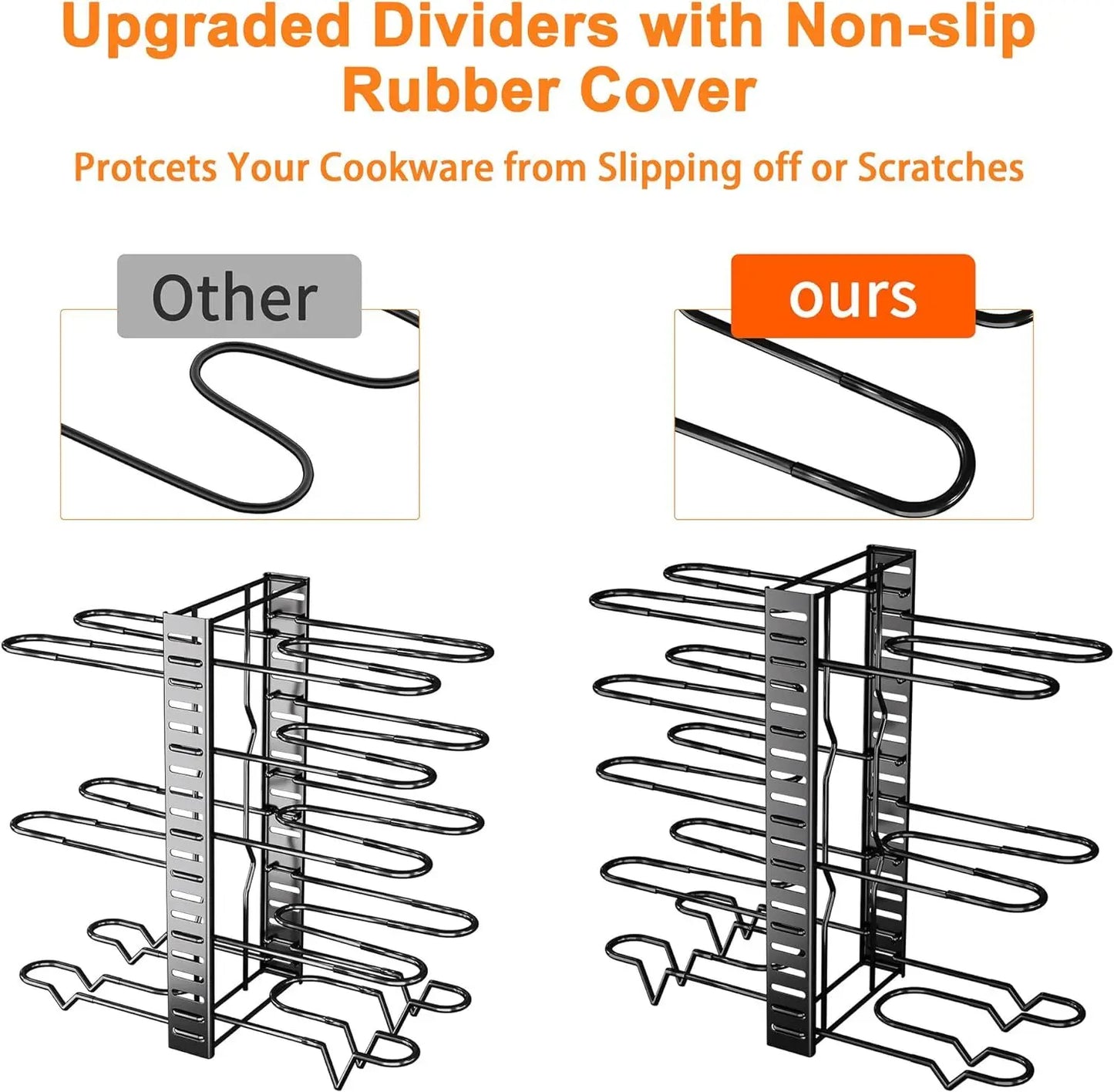 A pot storage rack with 8 layers for pots, bowls, and pans, suitable for kitchen cabinets, cookware storage, and lid storage