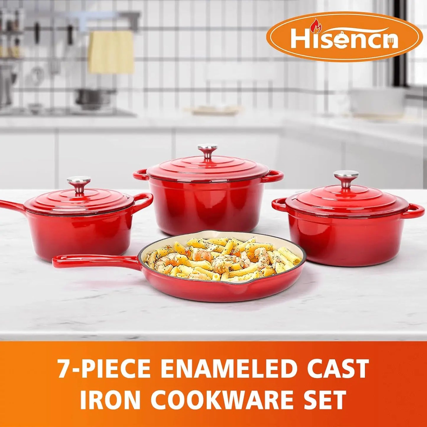 Enameled Cast Iron Cookware Set - 7 Piece Dutch Ovens Set, Sauce Pan, Skillet, 3 Lids, Pots and Pans Set, Ceramic Coated Cast Iron
