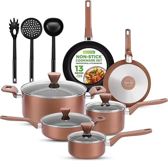 13-Piece Nonstick Kitchen Cookware Set-PTFE/PFOA/PFOS-Free, Heat Resistant Kitchen Ware Pots Pan Set w/ Saucepan, Frying Pans, Cooking Utensils
