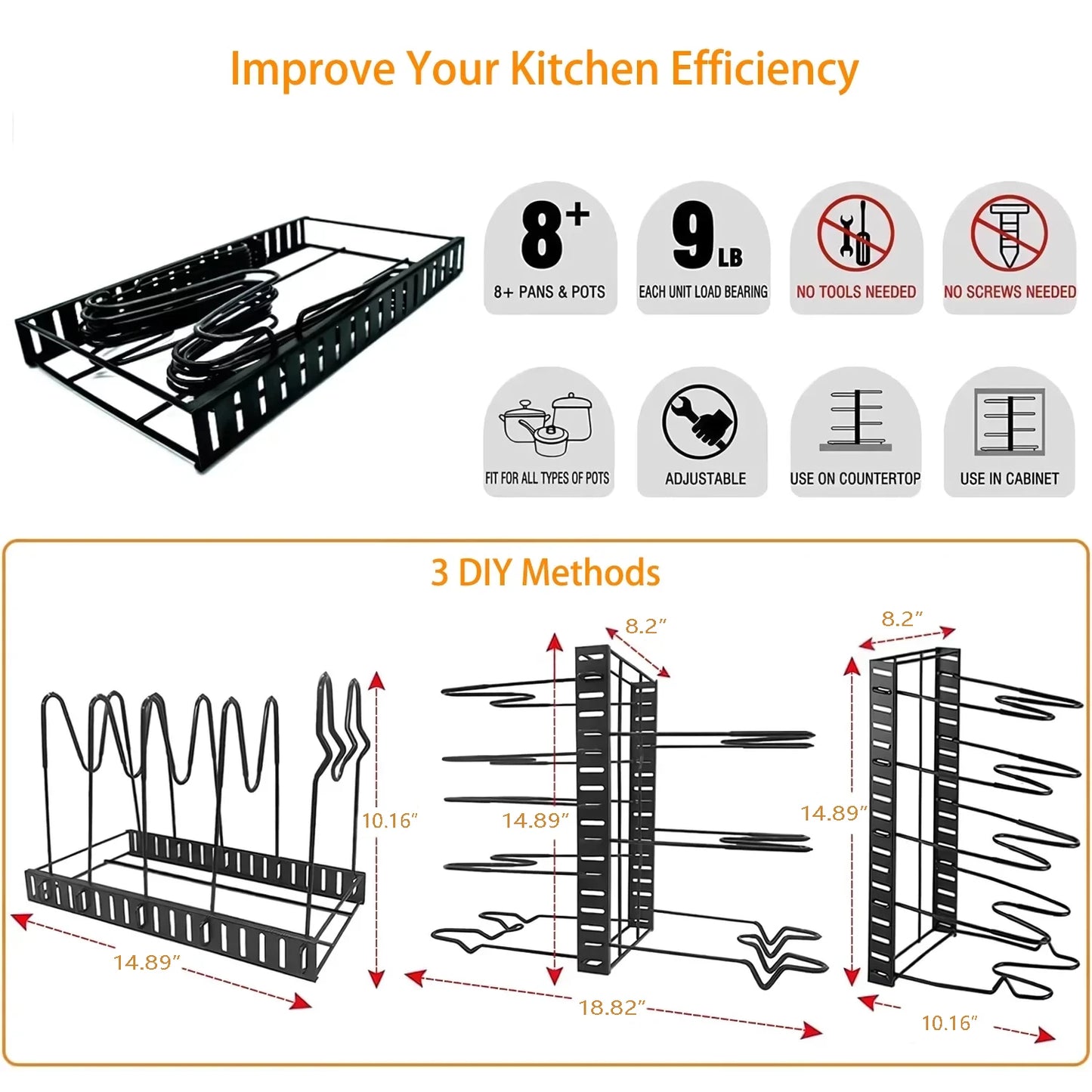A pot storage rack with 8 layers for pots, bowls, and pans, suitable for kitchen cabinets, cookware storage, and lid storage