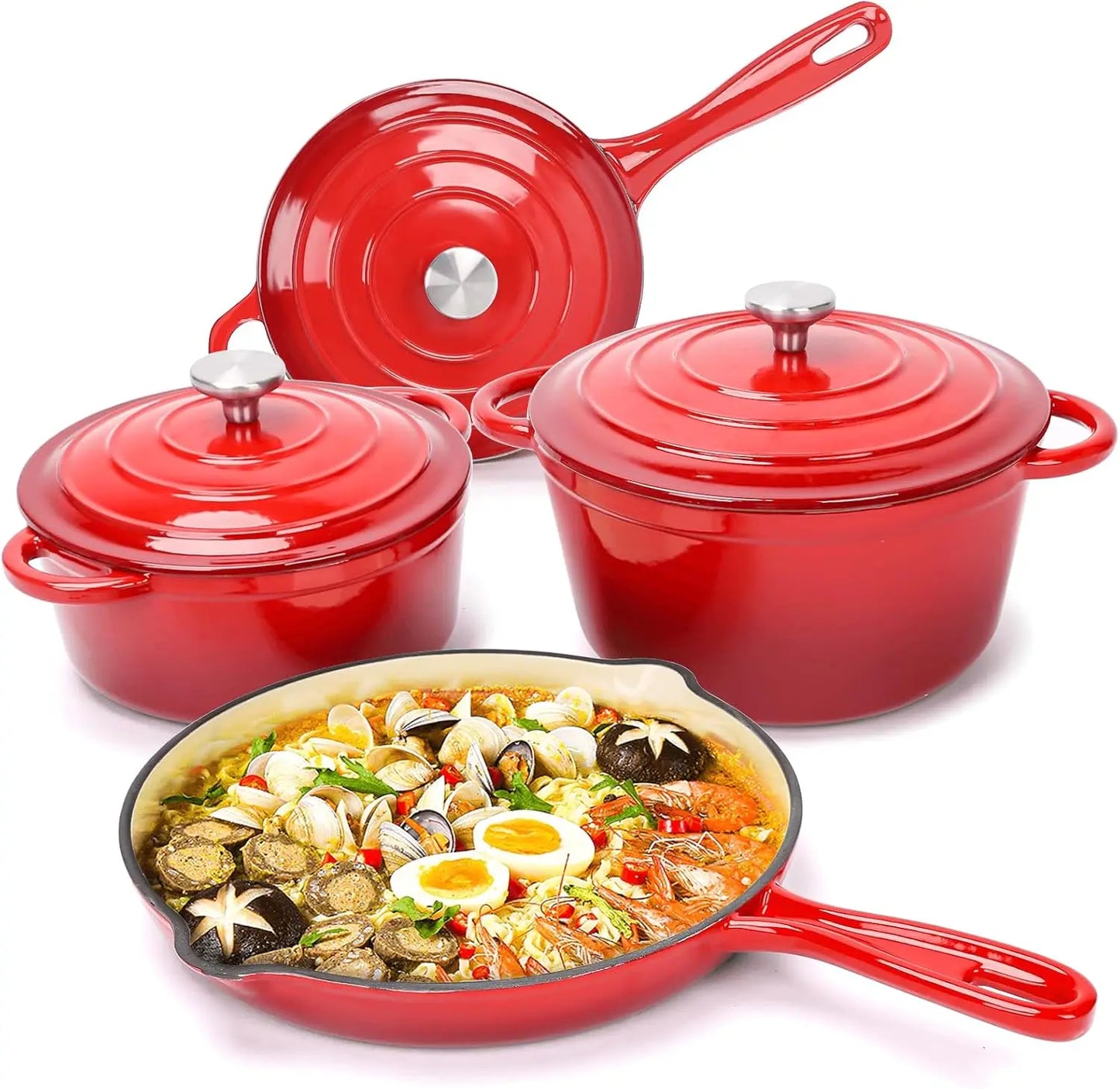 Enameled Cast Iron Cookware Set - 7 Piece Dutch Ovens Set, Sauce Pan, Skillet, 3 Lids, Pots and Pans Set, Ceramic Coated Cast Iron
