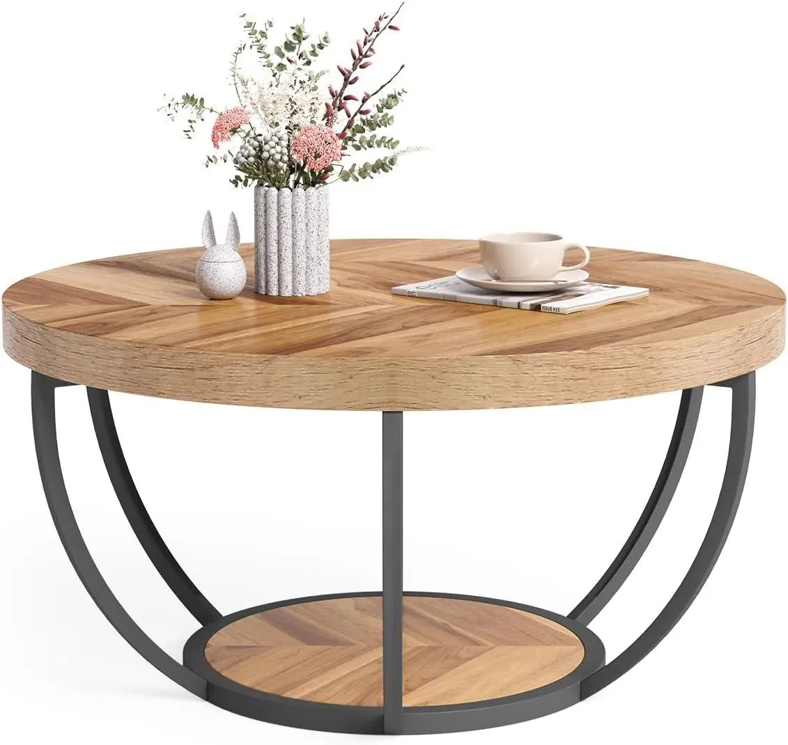 32" Circle Coffee Tables, 2-Tier Golden Metal Legs, Accent Center Table with Open Storage, Modern Design Home Furniture