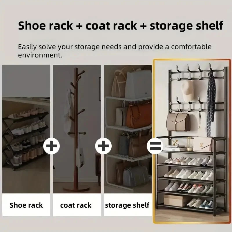 Entryway Coat Rack, Shoe Rack for Entryway, Coat Rack Freestanding with 4-Tier Storage Shelves and 8 Double Hooks, for Living Room