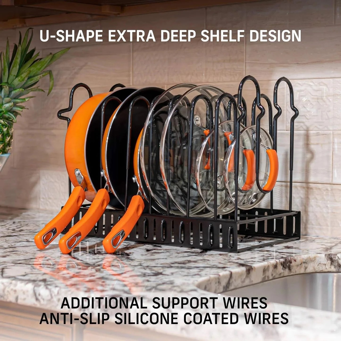 A pot storage rack with 8 layers for pots, bowls, and pans, suitable for kitchen cabinets, cookware storage, and lid storage