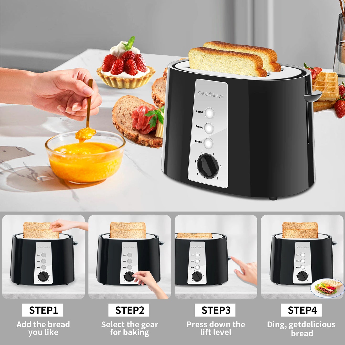 Toaster 2 Slice, 7 Shade Settings, 3 Basic Function, Extra Wide Slots for Waffle or Bagel, Removable Crumb Tray, 750W