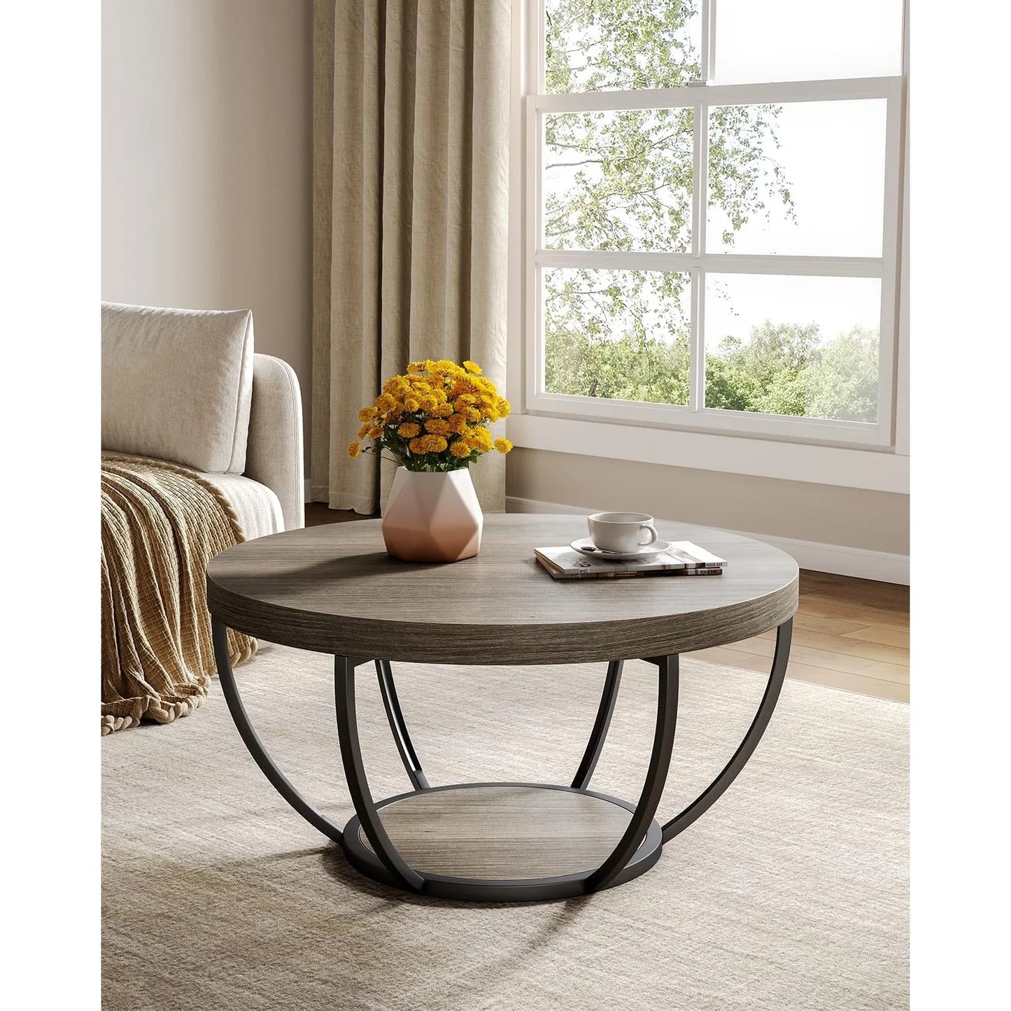32" Circle Coffee Tables, 2-Tier Golden Metal Legs, Accent Center Table with Open Storage, Modern Design Home Furniture