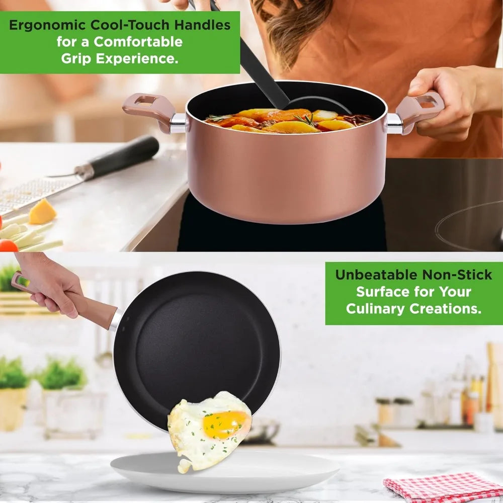 13-Piece Nonstick Kitchen Cookware Set-PTFE/PFOA/PFOS-Free, Heat Resistant Kitchen Ware Pots Pan Set w/ Saucepan, Frying Pans, Cooking Utensils