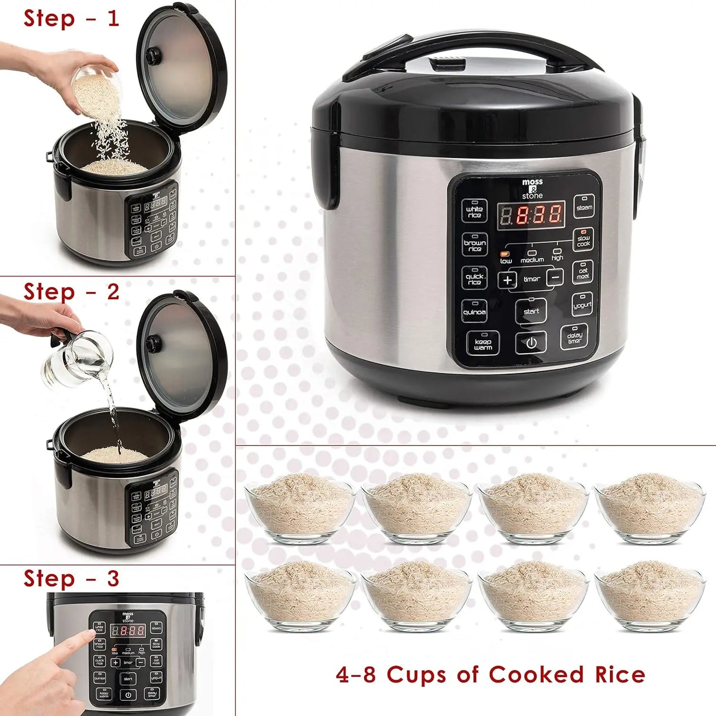 Small Digital Electric Rice Cooker, 4-8 Cups, 10 Preset Settings, Brown and White Rice Steamer, Slow Cooker with Steamer for Veg