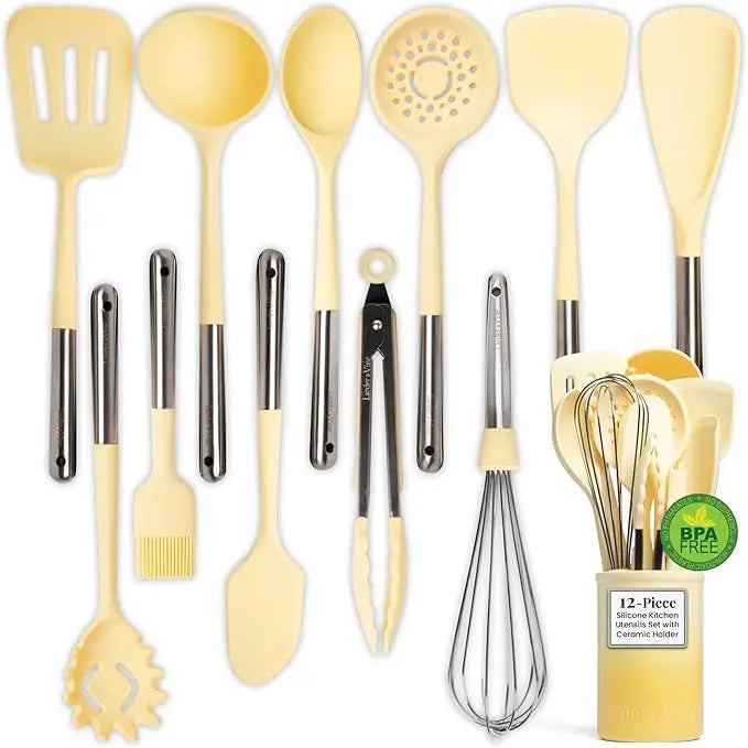 12 Piece Silicone Cooking Utensils Set, Silicone Utensils with Stainless Steel Handle and Ceramic Holder;  Kitchen Utensils Set