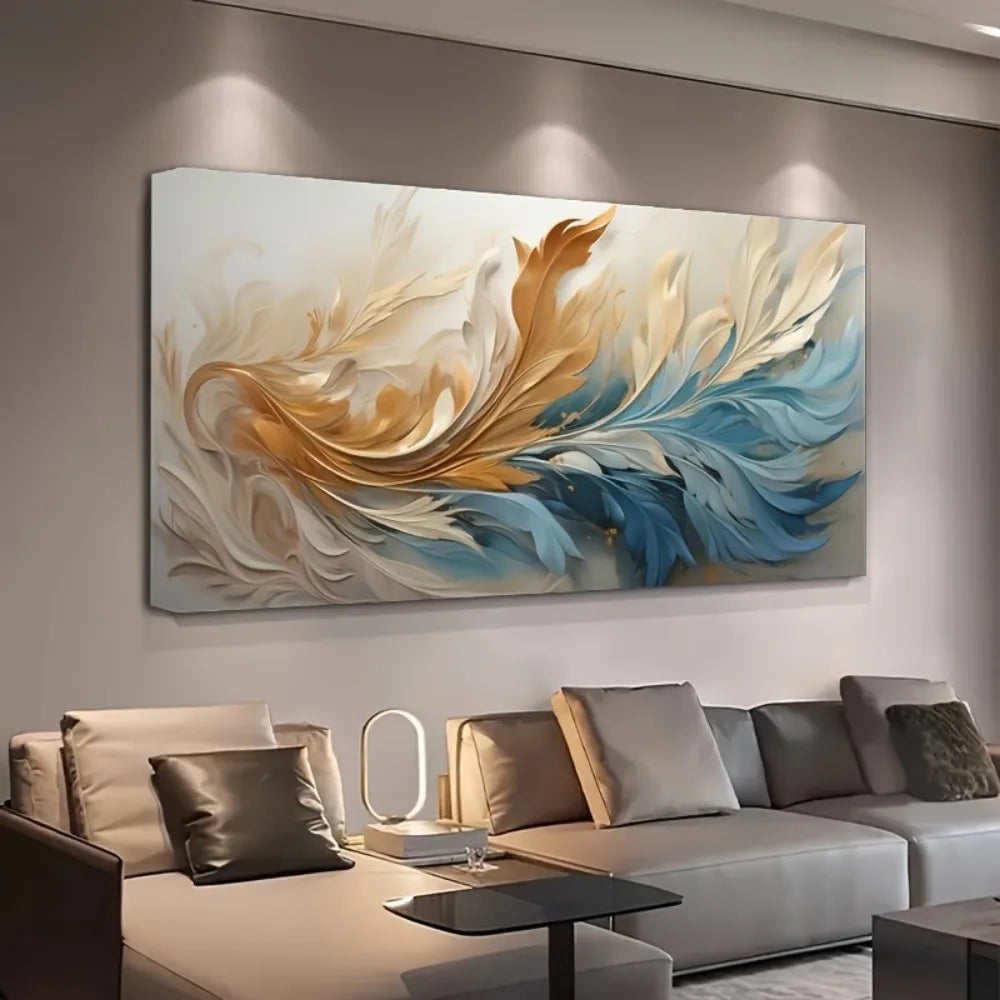 Modern abstract gold feather canvas art, suitable for interior decoration, 1.5 inch thick pine solid wood frame