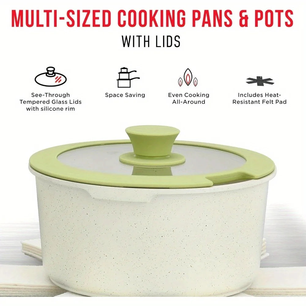 Non-Stick Cookware Set with Detachable Handles – Granite Stackable Pots and Pans Set, Compatible for All Stoves – Green/Cream