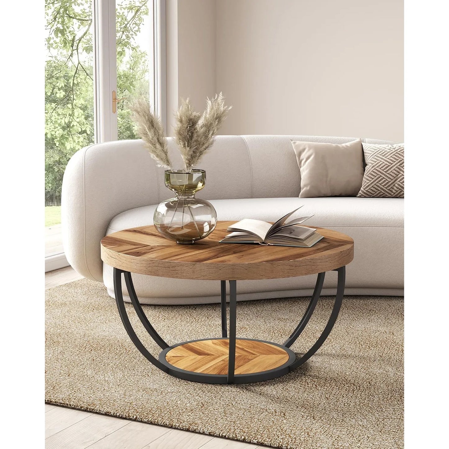 32" Circle Coffee Tables, 2-Tier Golden Metal Legs, Accent Center Table with Open Storage, Modern Design Home Furniture