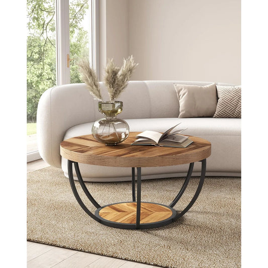 32" Circle Coffee Tables, 2-Tier Golden Metal Legs, Accent Center Table with Open Storage, Modern Design Home Furniture