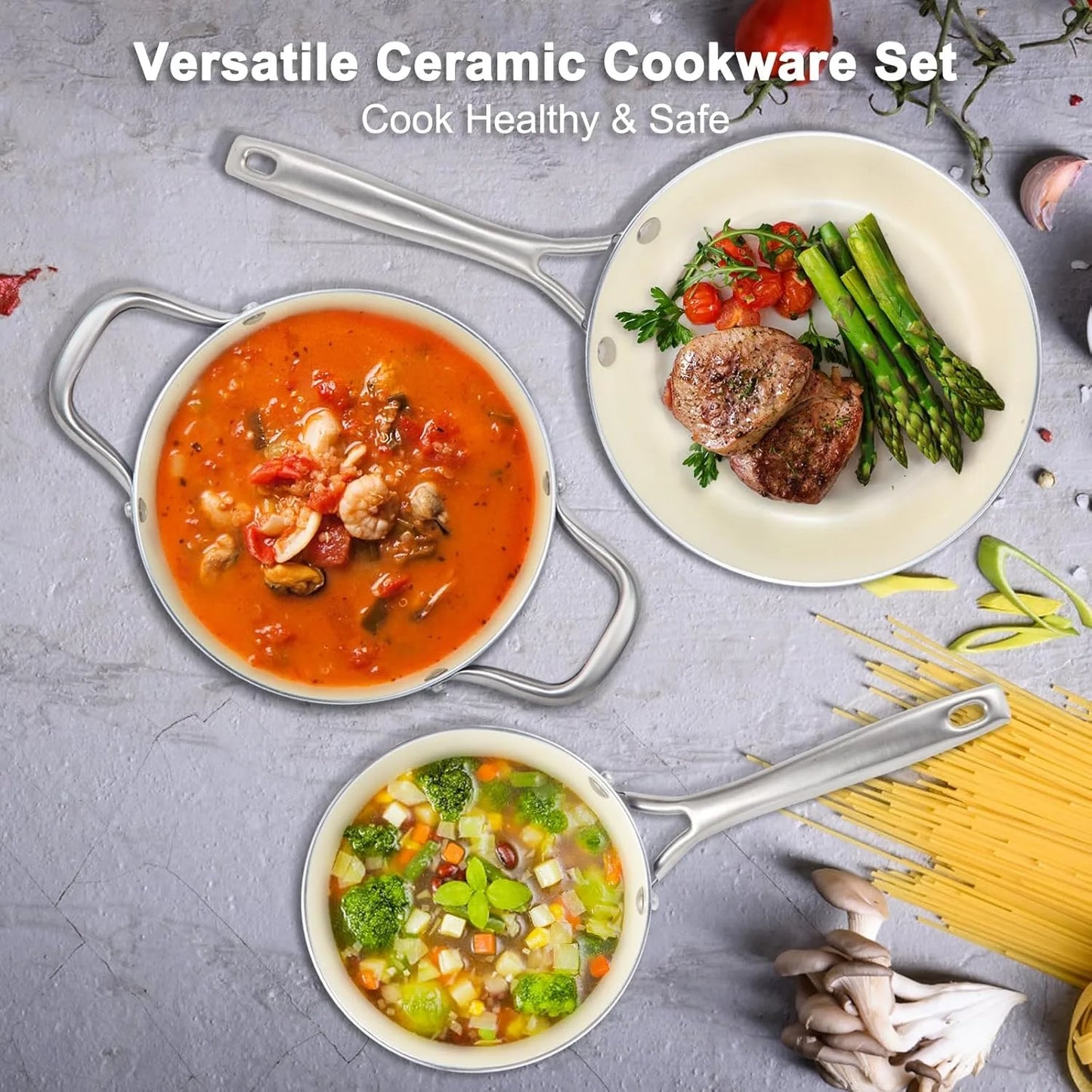 Pots and Pans Set,  7 Piece Nonstick Ceramic Cookware Set,  Induction Kitchen Cookware Sets