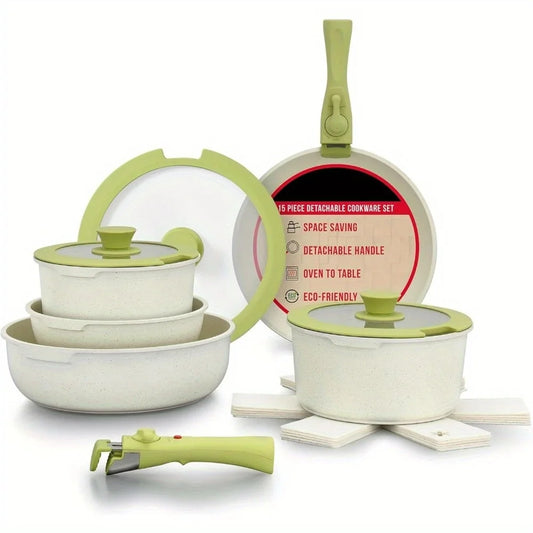 Non-Stick Cookware Set with Detachable Handles – Granite Stackable Pots and Pans Set, Compatible for All Stoves – Green/Cream
