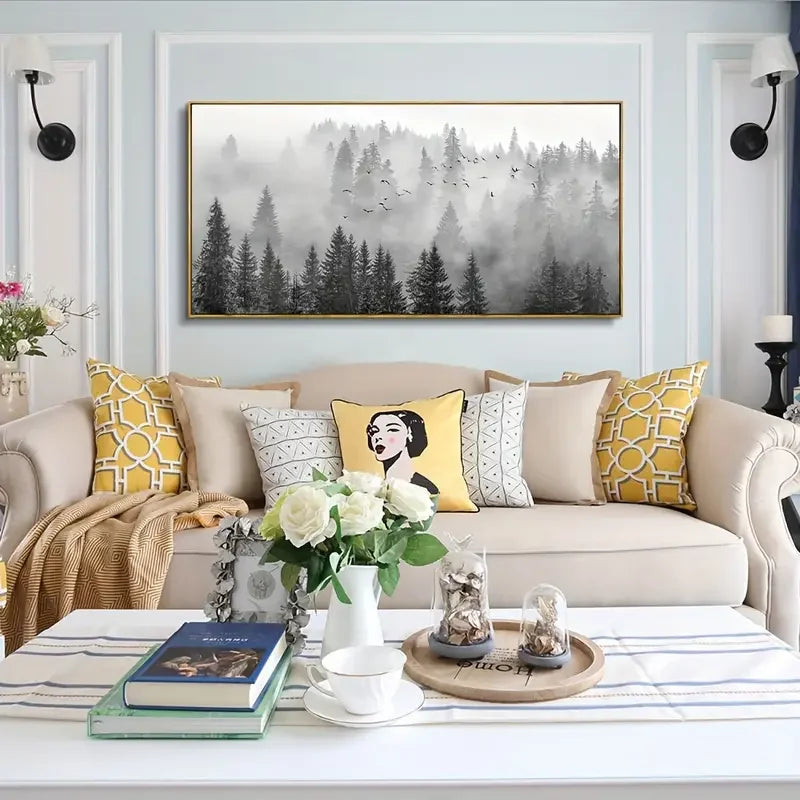 Majestic Foggy Forest Canvas Wall Art - Beautifully Framed & Ready to Hang - Monochromatic Elegance for Bedroom, Living Room