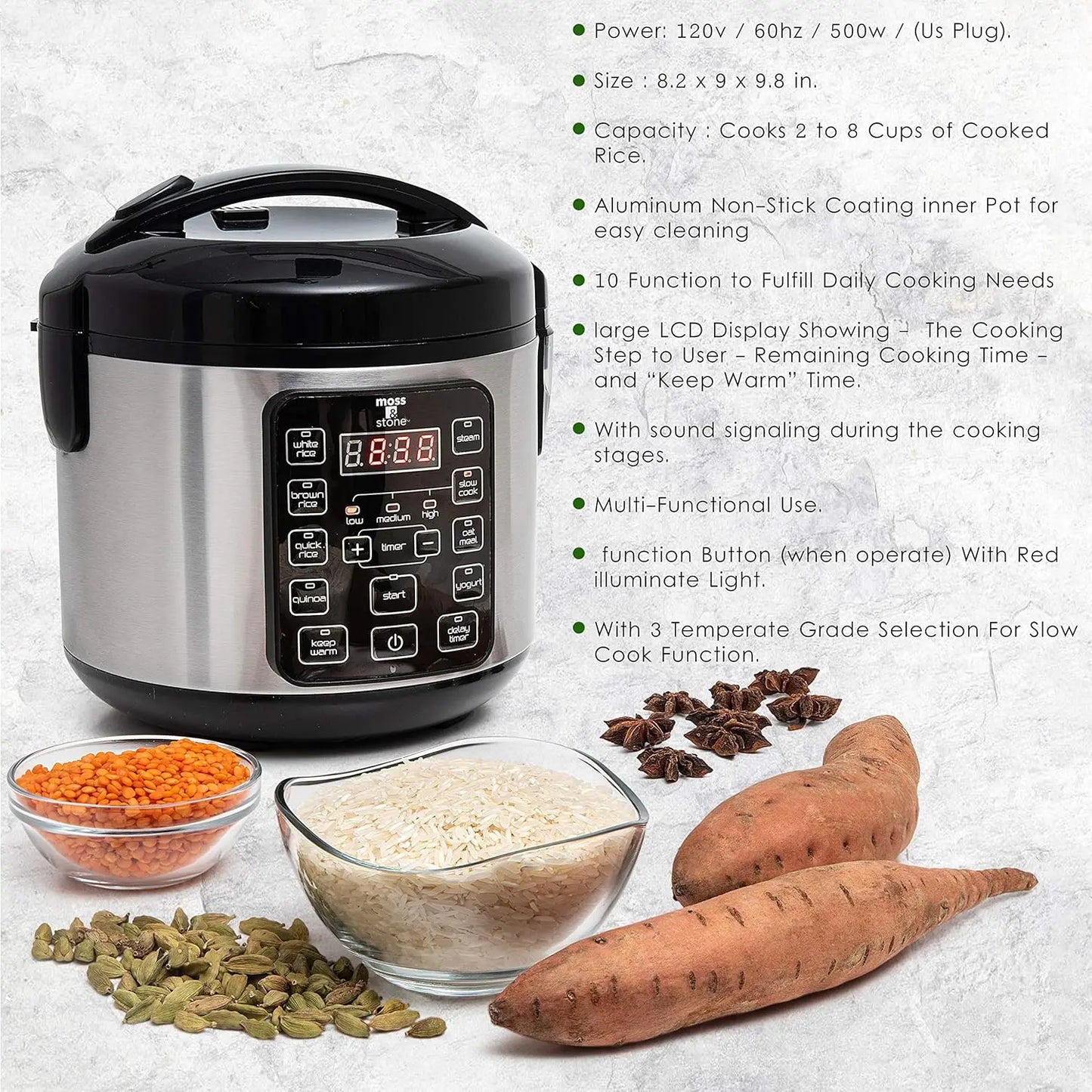 Small Digital Electric Rice Cooker, 4-8 Cups, 10 Preset Settings, Brown and White Rice Steamer, Slow Cooker with Steamer for Veg