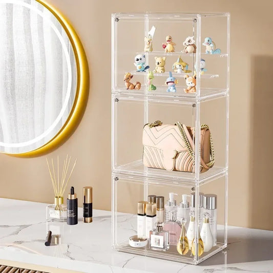 Clear Display Box, Stackable Plastic Dustproof Storage Bins, Figures Display, Collectibles Bag, Cosmetic Show Case with Interlayers