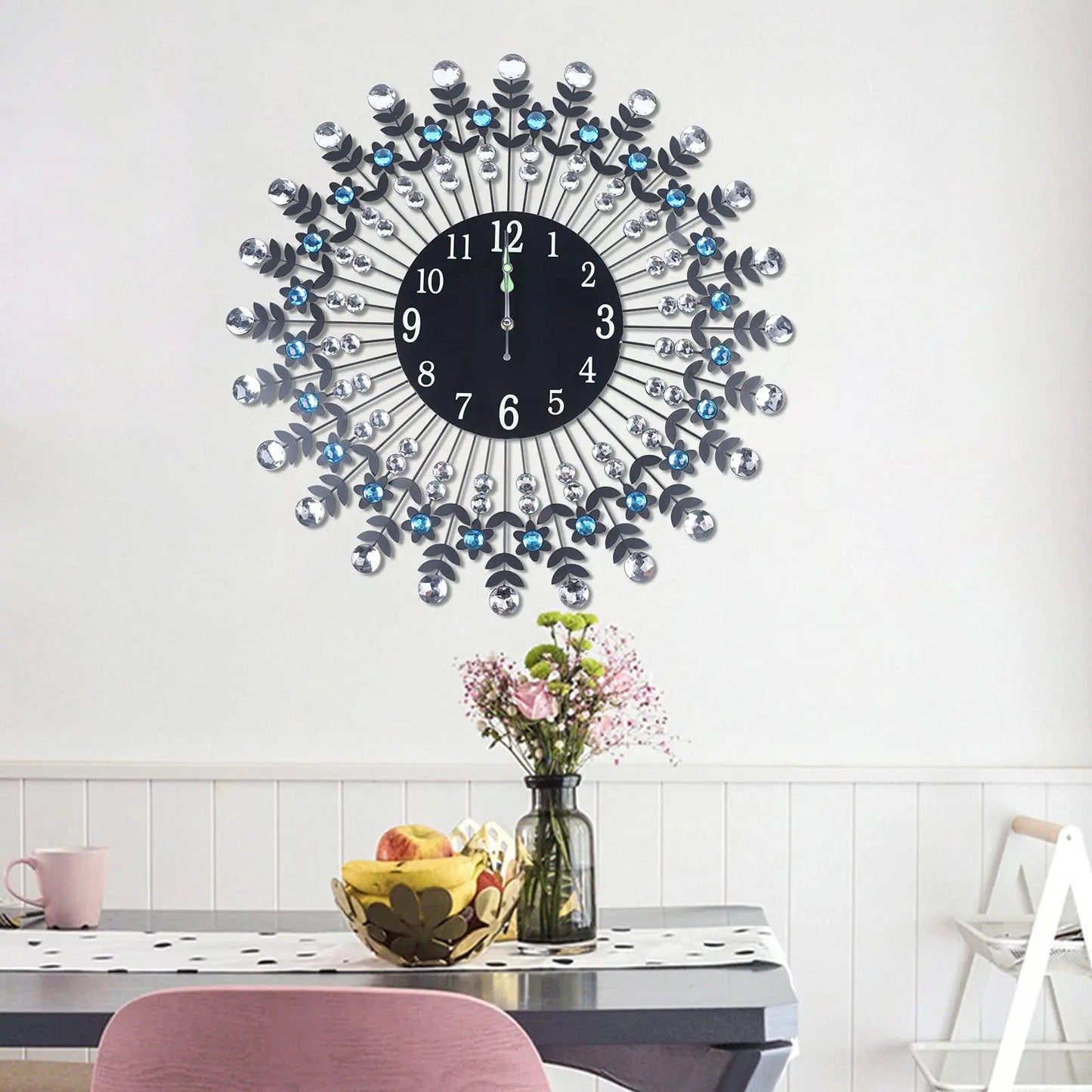 24'' Crystal Wall Clock, Large Décor Wall Clock Black Crystal Clock, Quartz Movement Wall Décor Clock W/Night Light