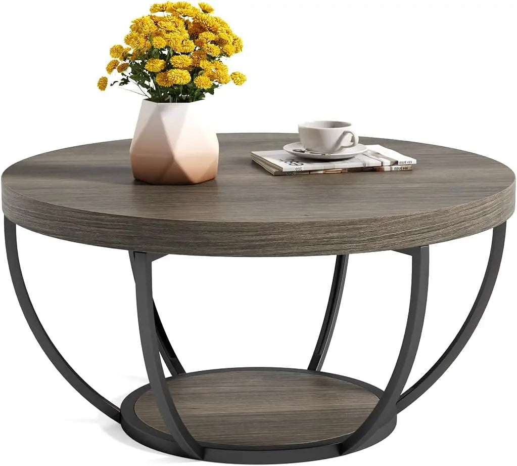 32" Circle Coffee Tables, 2-Tier Golden Metal Legs, Accent Center Table with Open Storage, Modern Design Home Furniture