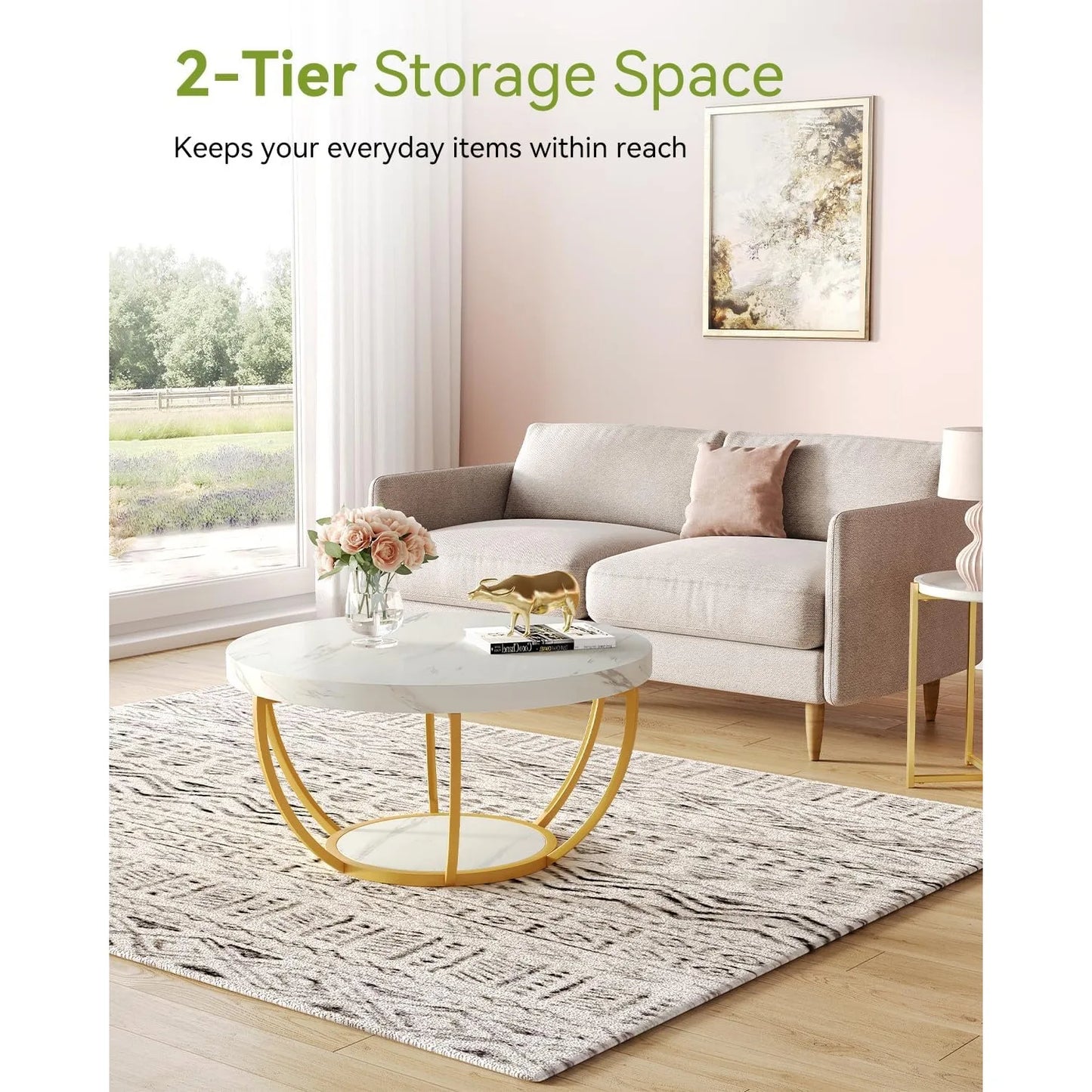 32" Circle Coffee Tables, 2-Tier Golden Metal Legs, Accent Center Table with Open Storage, Modern Design Home Furniture