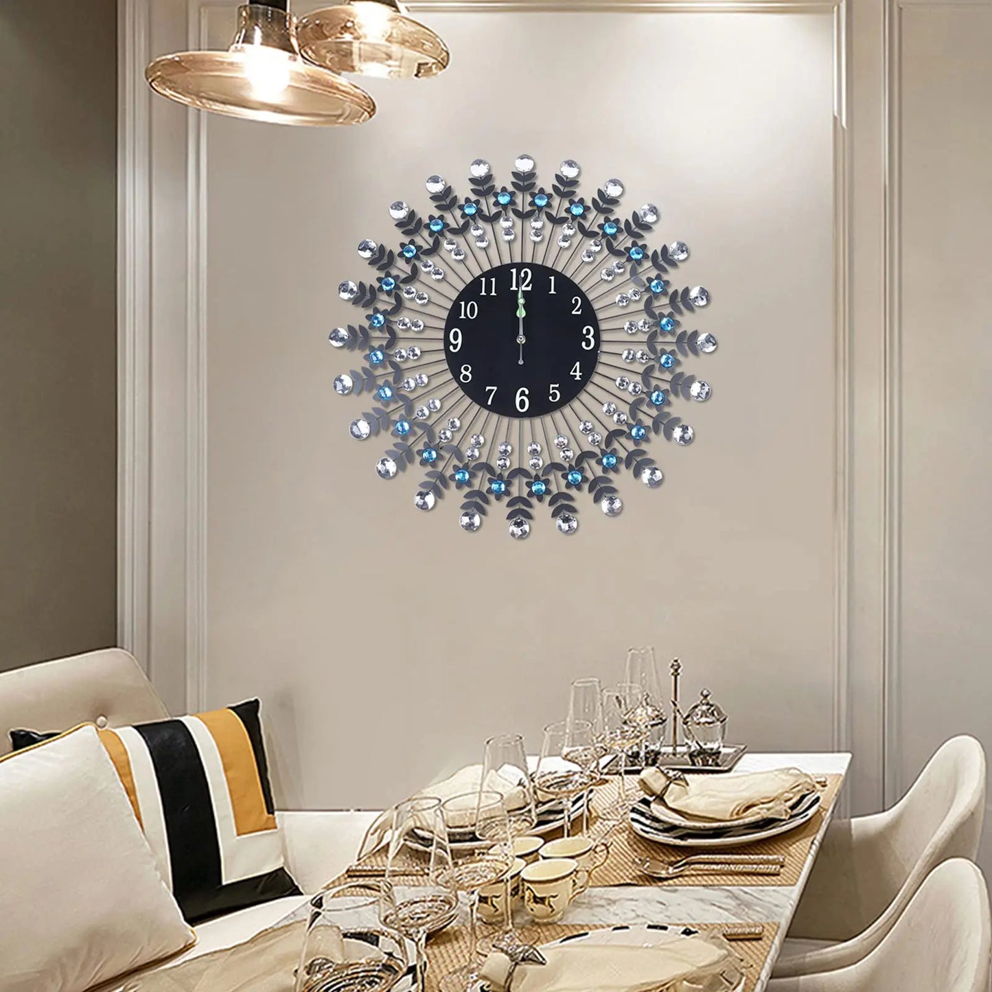 24'' Crystal Wall Clock, Large Décor Wall Clock Black Crystal Clock, Quartz Movement Wall Décor Clock W/Night Light