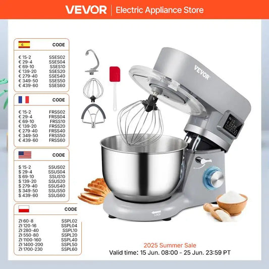 VEVOR 5.5/7L Electric Stand Mixer with 6 Speeds LCD Screen Timing Food Mixer Cream Egg Whisk Whip Dough Kneader With Steel Bowl