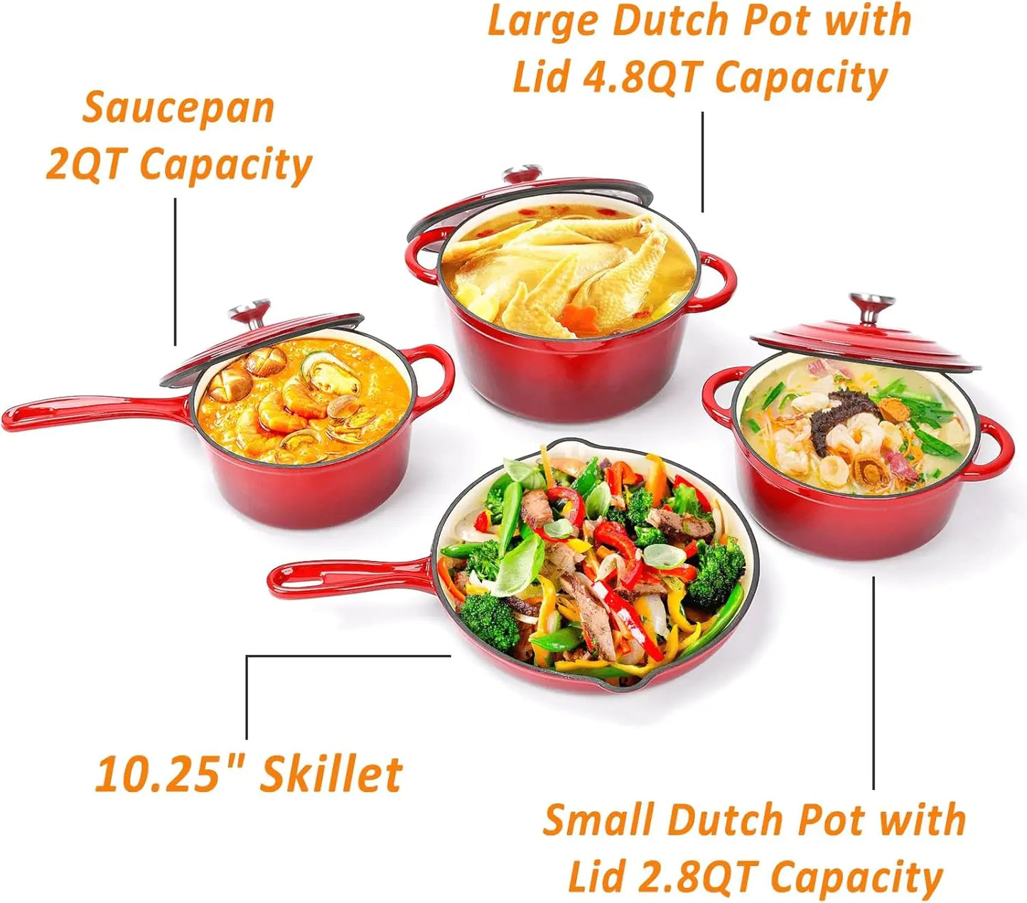 Enameled Cast Iron Cookware Set - 7 Piece Dutch Ovens Set, Sauce Pan, Skillet, 3 Lids, Pots and Pans Set, Ceramic Coated Cast Iron