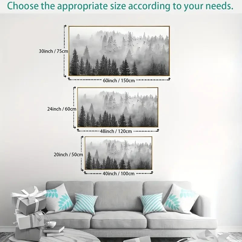 Majestic Foggy Forest Canvas Wall Art - Beautifully Framed & Ready to Hang - Monochromatic Elegance for Bedroom, Living Room