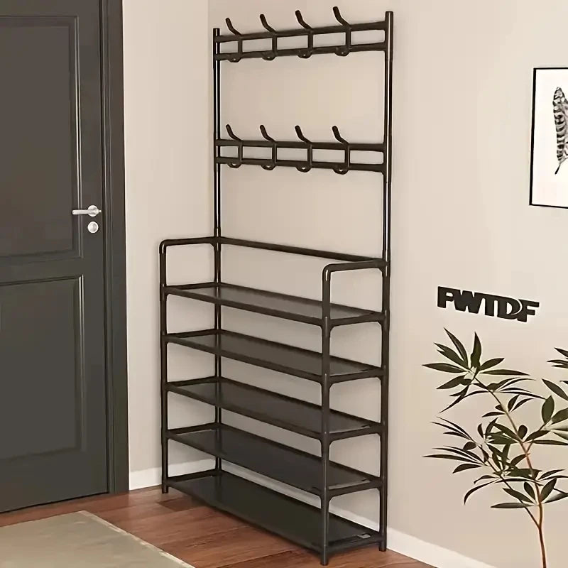 Entryway Coat Rack, Shoe Rack for Entryway, Coat Rack Freestanding with 4-Tier Storage Shelves and 8 Double Hooks, for Living Room