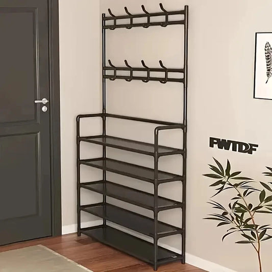 Entryway Coat Rack, Shoe Rack for Entryway, Coat Rack Freestanding with 4-Tier Storage Shelves and 8 Double Hooks, for Living Room