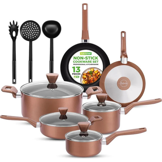 13-Piece Nonstick Kitchen Cookware Set-PTFE/PFOA/PFOS-Free, Heat Resistant Kitchen Ware Pots Pan Set w/ Saucepan, Frying Pans, Cooking Utensils