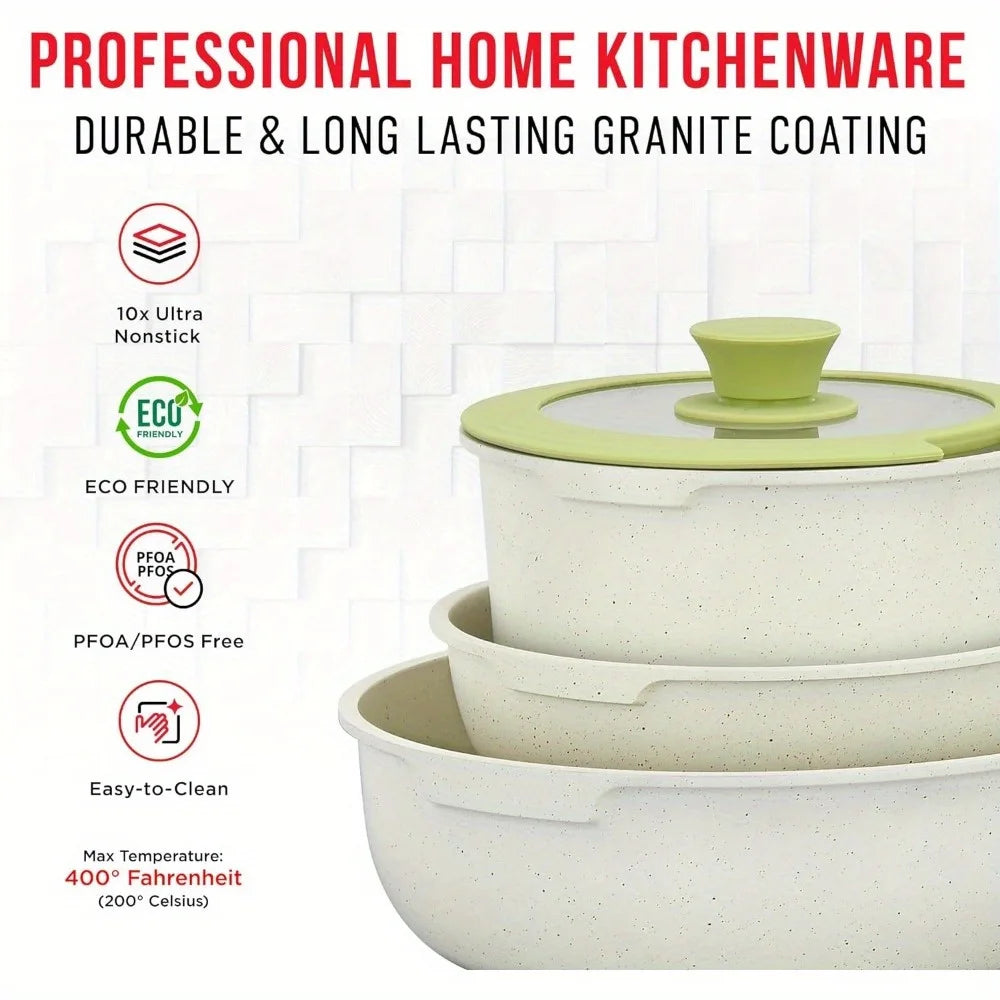 Non-Stick Cookware Set with Detachable Handles – Granite Stackable Pots and Pans Set, Compatible for All Stoves – Green/Cream