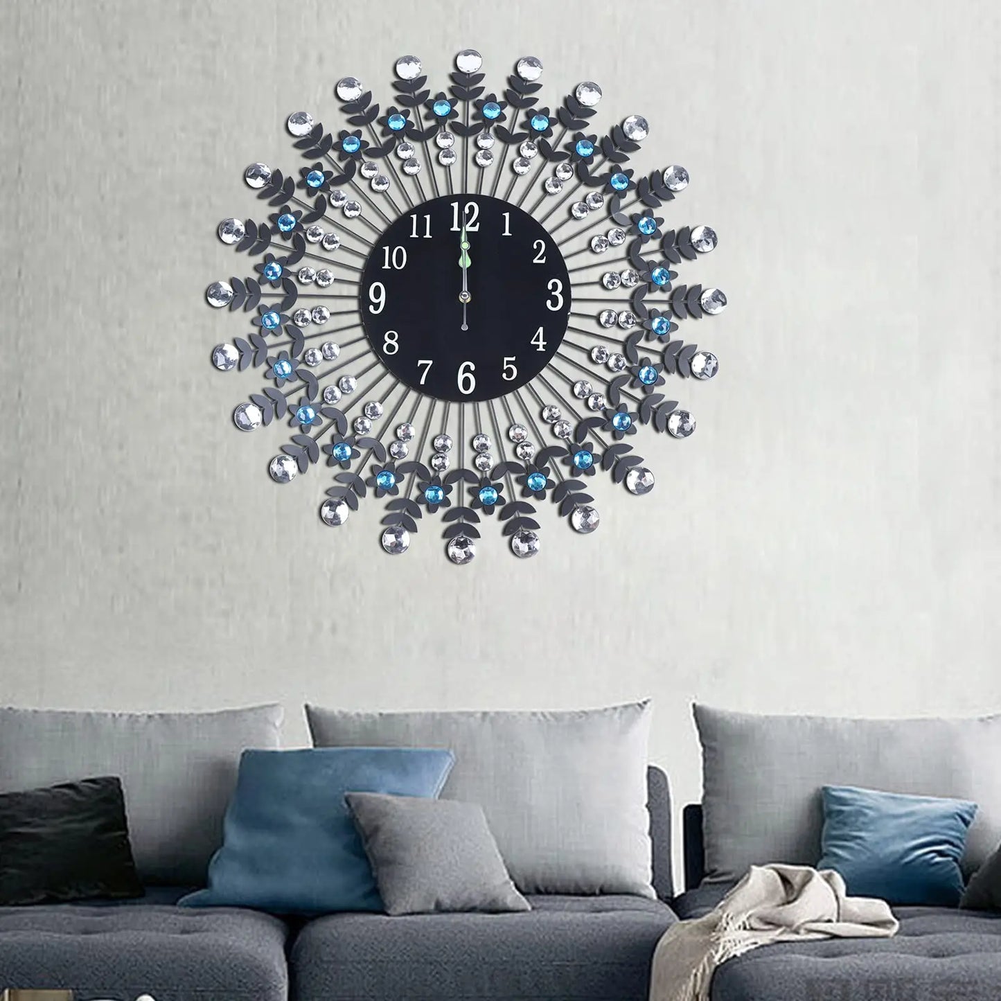 24'' Crystal Wall Clock, Large Décor Wall Clock Black Crystal Clock, Quartz Movement Wall Décor Clock W/Night Light