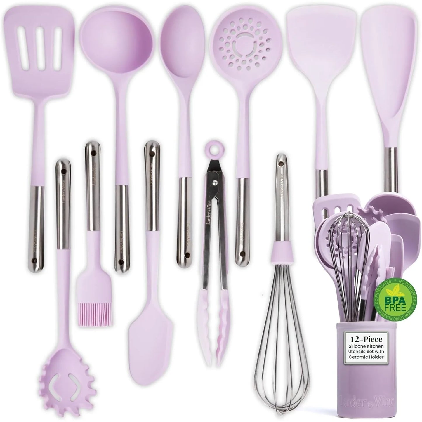 12 Piece Silicone Cooking Utensils Set, Silicone Utensils with Stainless Steel Handle and Ceramic Holder;  Kitchen Utensils Set