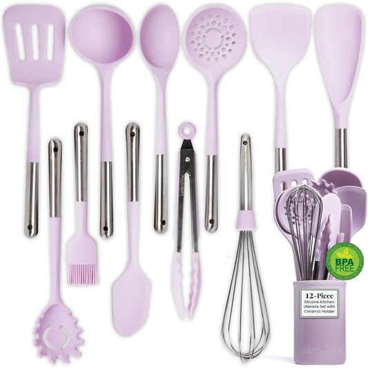 12 Piece Silicone Cooking Utensils Set, Silicone Utensils with Stainless Steel Handle and Ceramic Holder;  Kitchen Utensils Set