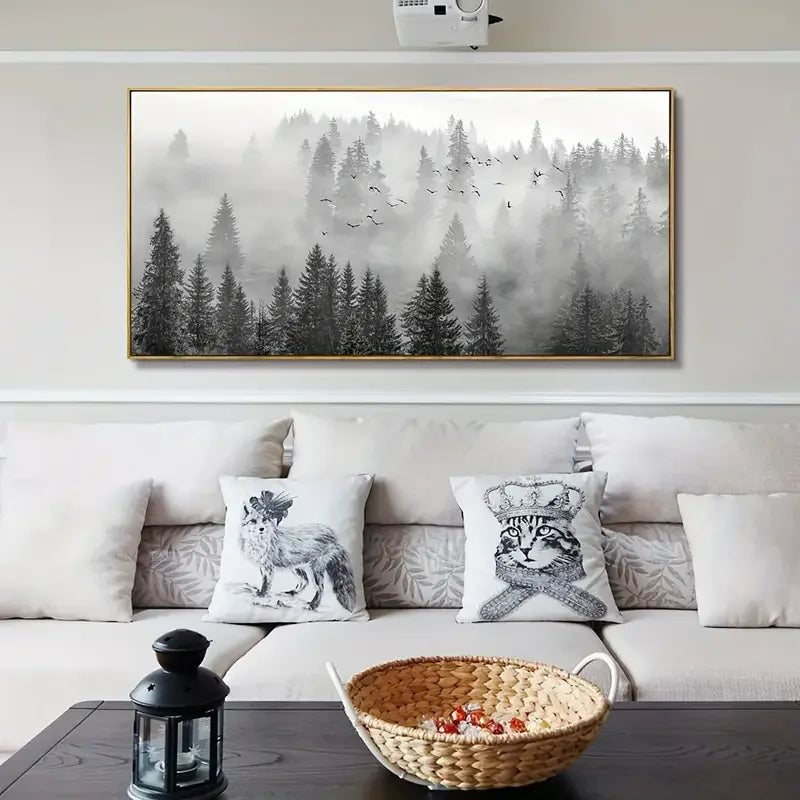 Majestic Foggy Forest Canvas Wall Art - Beautifully Framed & Ready to Hang - Monochromatic Elegance for Bedroom, Living Room